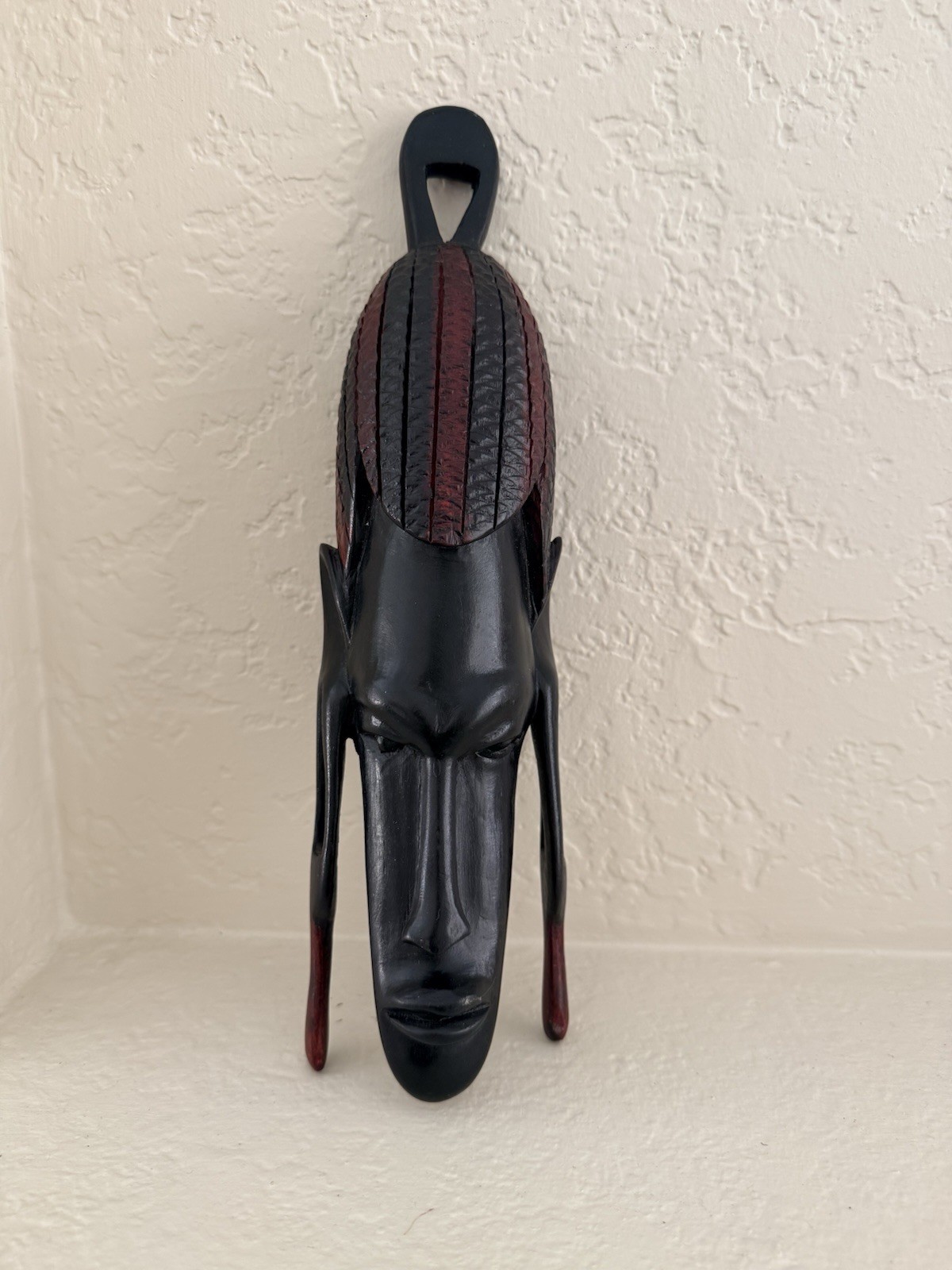 Vintage Hand Carved Wooden African Tribal Mask Wall Decor Red On Black 12” inch
