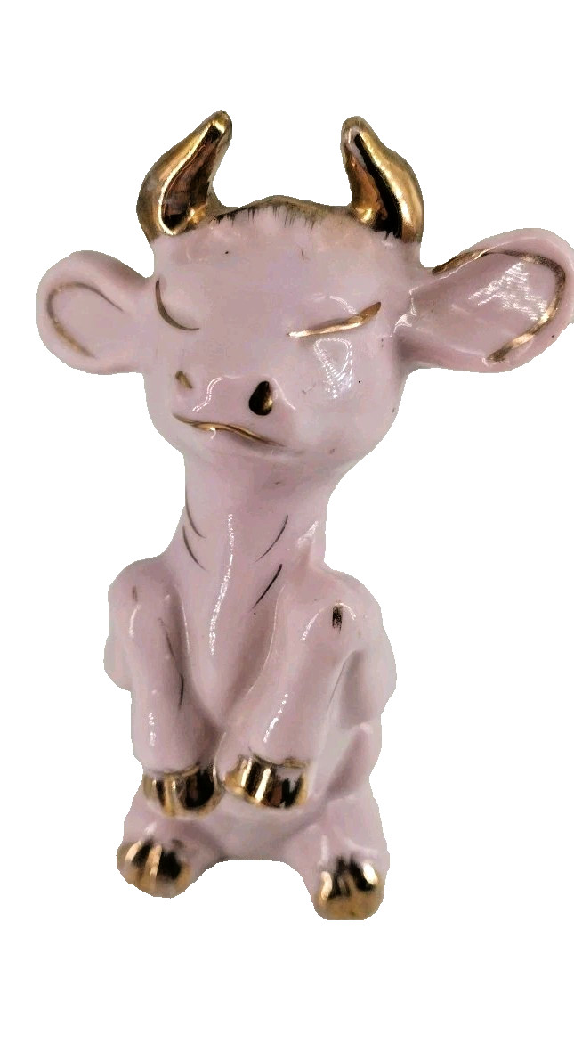 Pink & Gold Cow Bull Fancy Figurine Vintage Japan Porcelain 5\