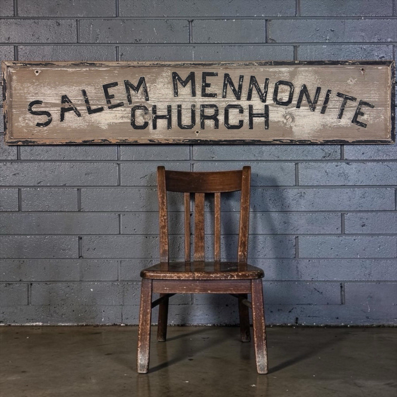 Vintage Salem Mennonite Church Wood Sign Religion Witch Trials Advertising Old