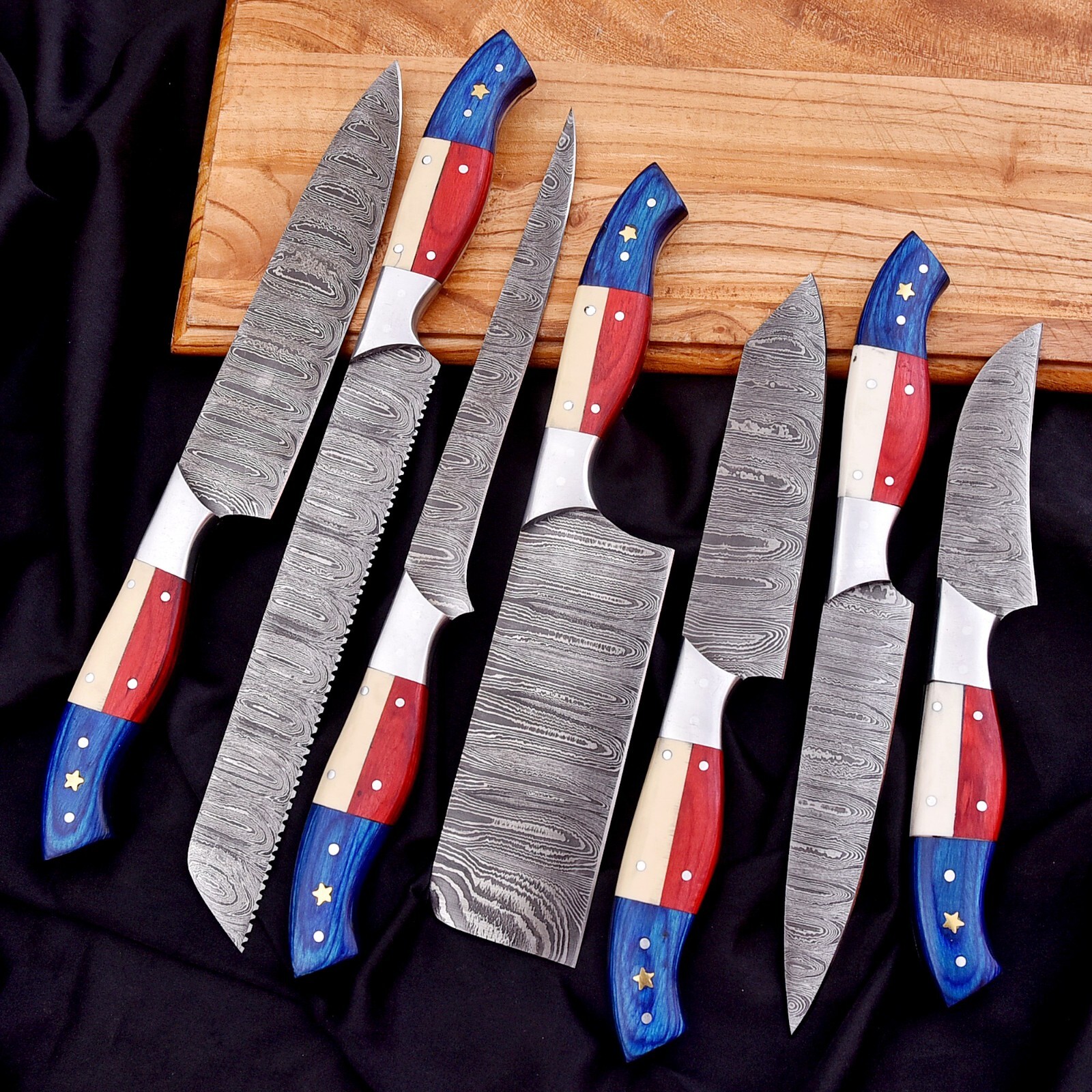 Damascus Steel Chef Knife Set 7PCS – Professional Kitchen Knives Flag Handle