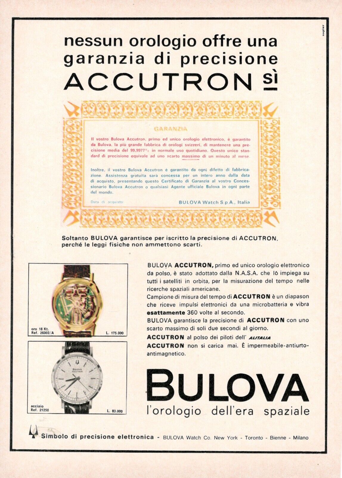 Bulova Accutron Gold Steel Advertising Original 1965 Certificato By Warranty