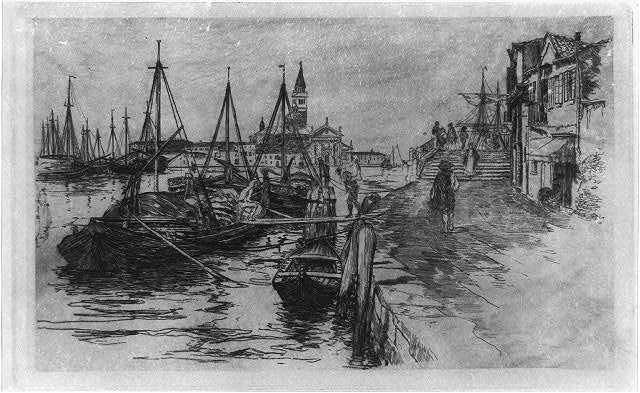 Harbor,docks with fishing smacks,Italy,Pier,Boats,Ships,Frank Duveneck,c1875