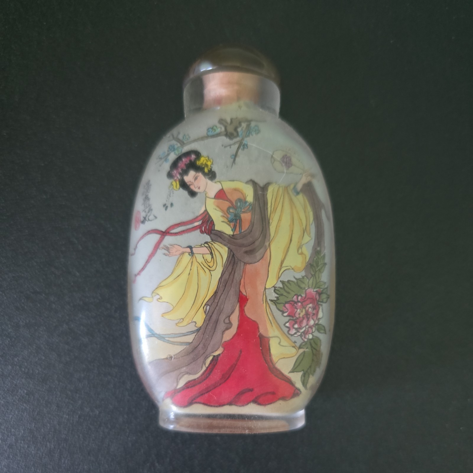 Vintage Chinese Reverse Hand Painted Glass Snuff Bottle-Geisha Design-China-EUC