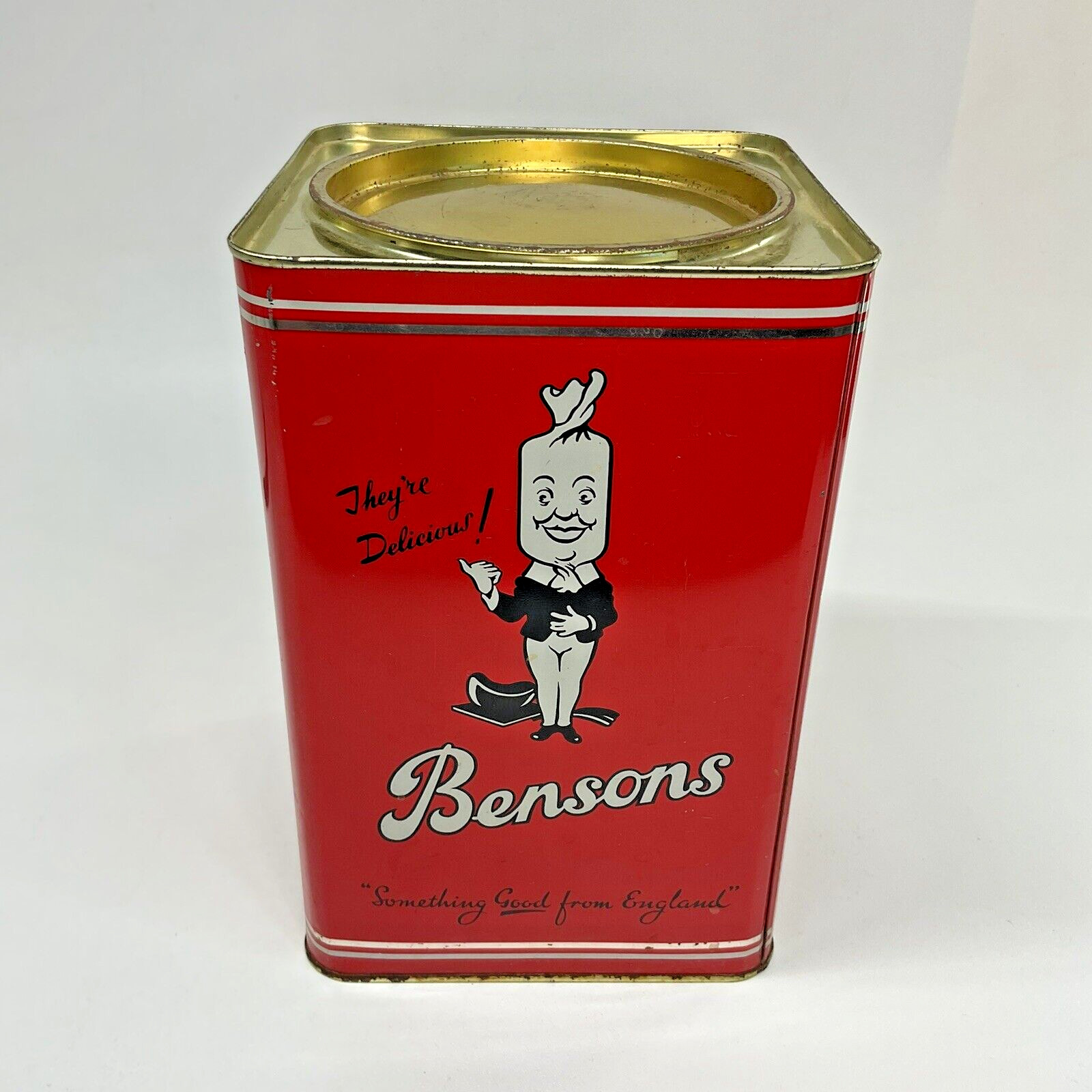 VTG Bensons Candy Original Red Tin Litho Graphic Rykoff Silver Mints England..