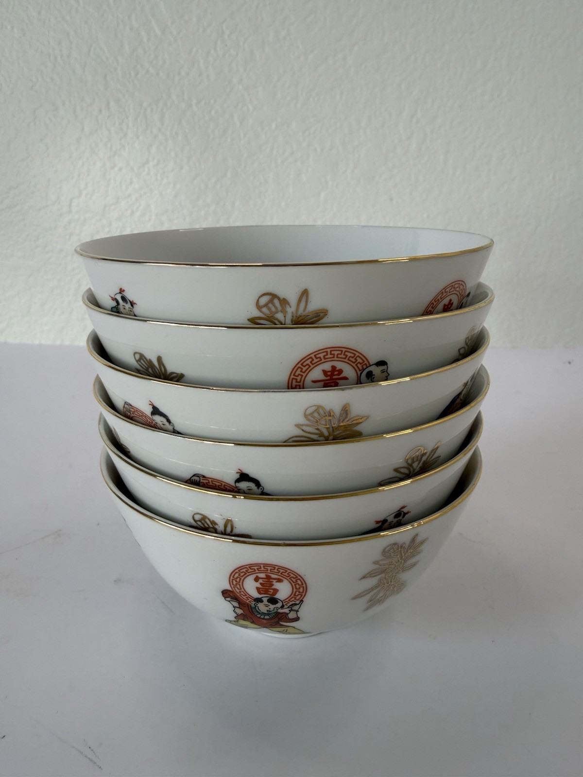 Vintage Tatung Taiwan Porcelain Bowls Set of 6 Chinese Boy Design Gold Rim