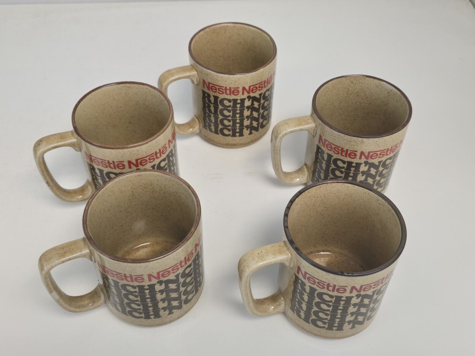 Vintage Set of 5 Nestle Hot Cocoa Rich ‘N Creamy Brown Coffee Cup Mug 8 oz.