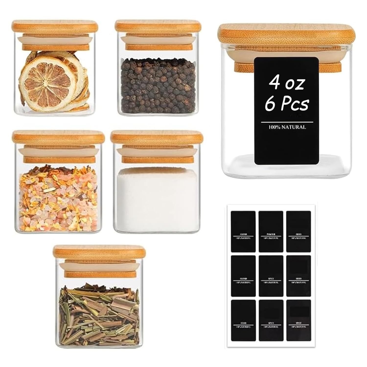 ComSaf Glass Spice Jars with Labels 4 oz 6 Pack Small Square Bamboo Lids | Em...