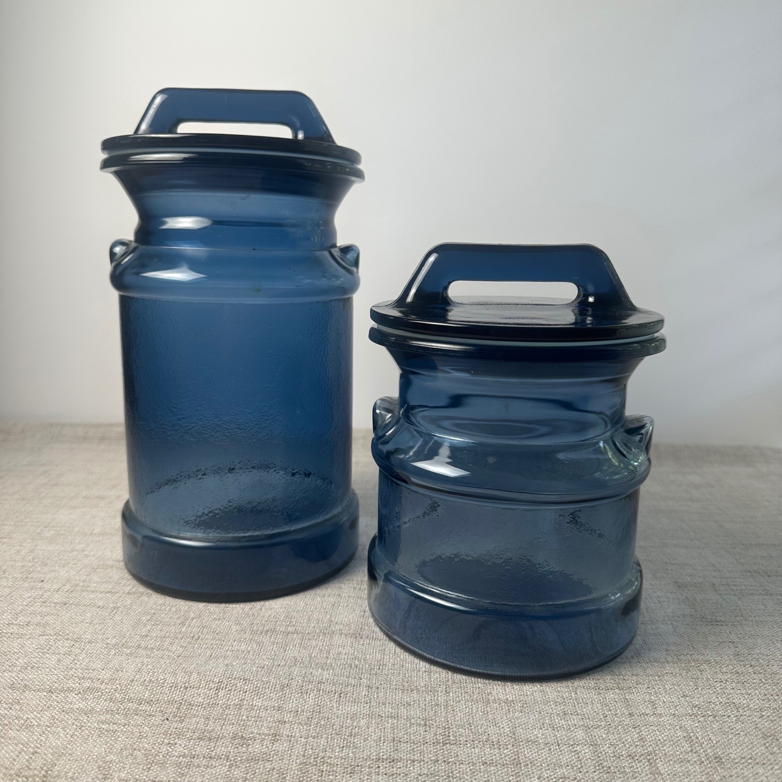 Vintage Cobalt Blue Glass Canister Set of 2 Handled Lids Kitchen Storage Jars Vintage Cobalt Blue Glass Canister Set of 2 Handled Lids Kitchen Storage Jars