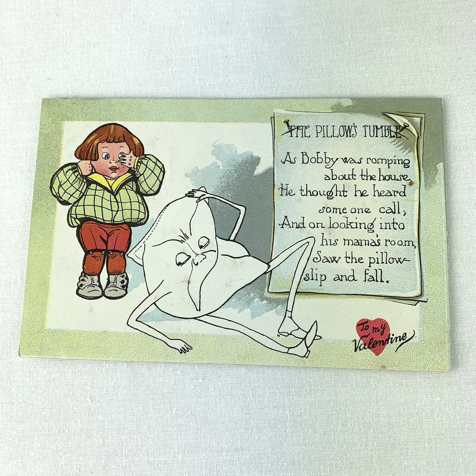 Vintage Tuck\'s Valentine Postcard Puns Series 13 Boy & Anthropomorphic Pillow