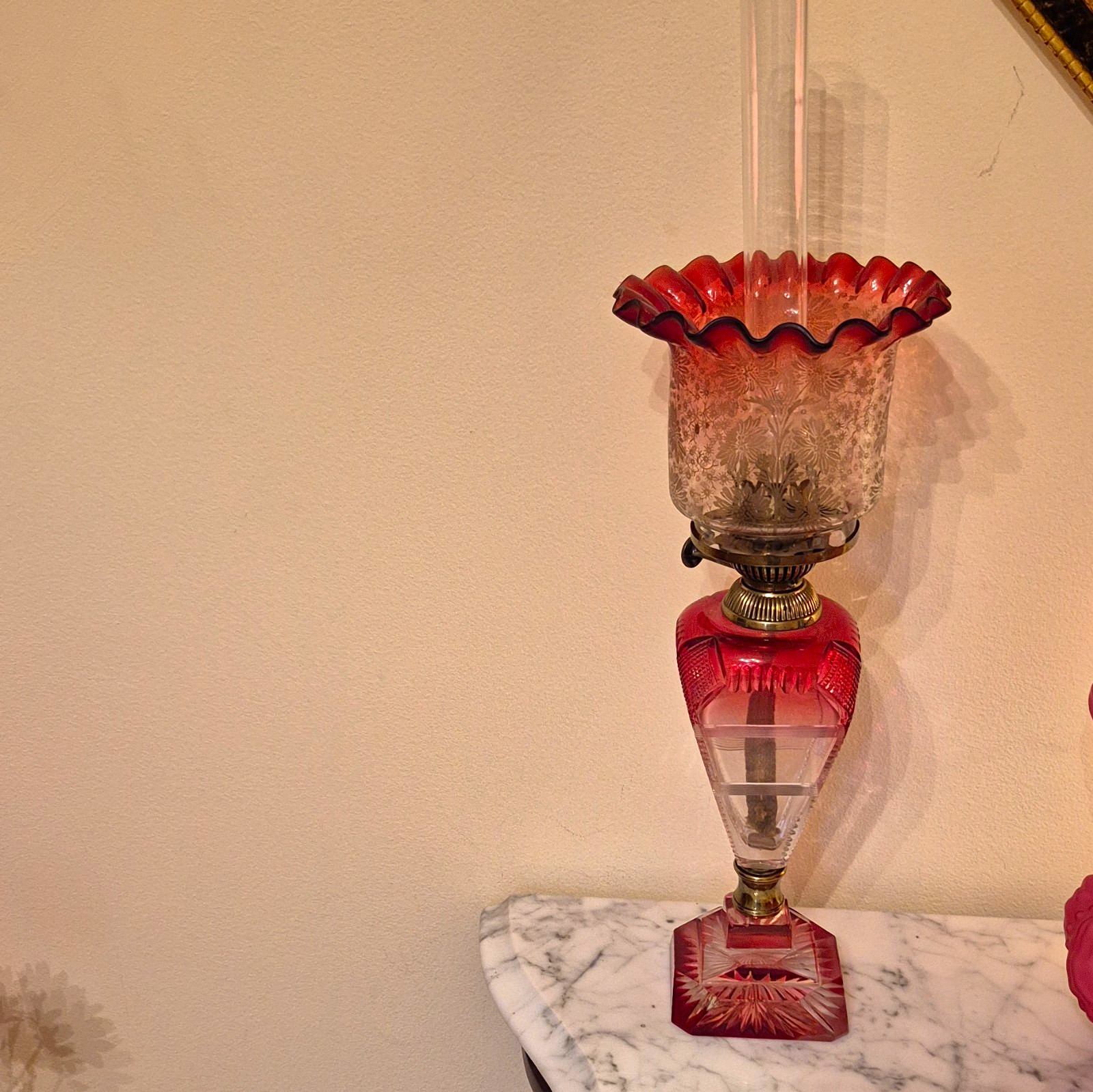Victorian Cranberry & Clear Glass Mini  Oil Lamp Floral Etched Shade Glass. Mint