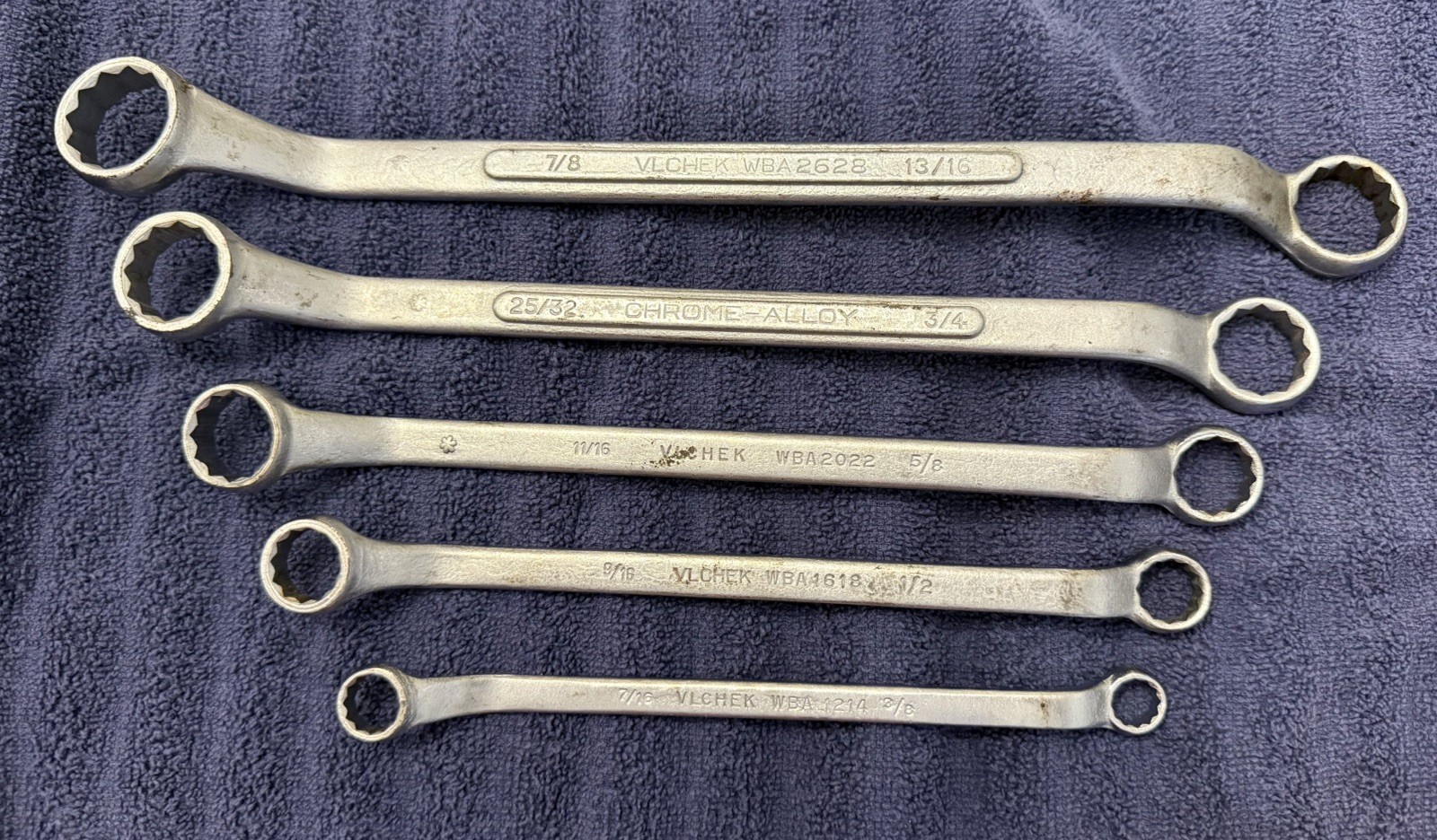 FIVE 5 VTG VLCHEK 12pt Offset Dbl Box Wrenches Alloy Steel Mixed Set 3/8 To 7/8