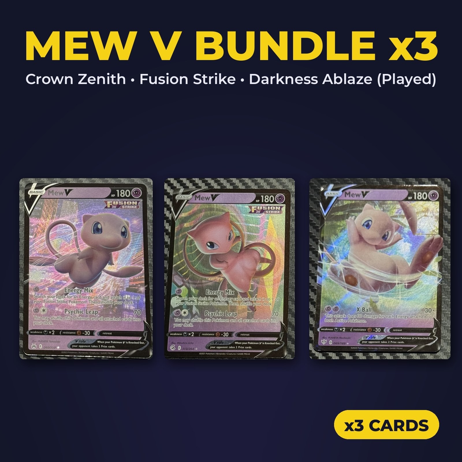 Pokemon Mew V Bundle x3 Crown Zenith 060/159 Fusion Strike 113/264 Dark Ablaze
