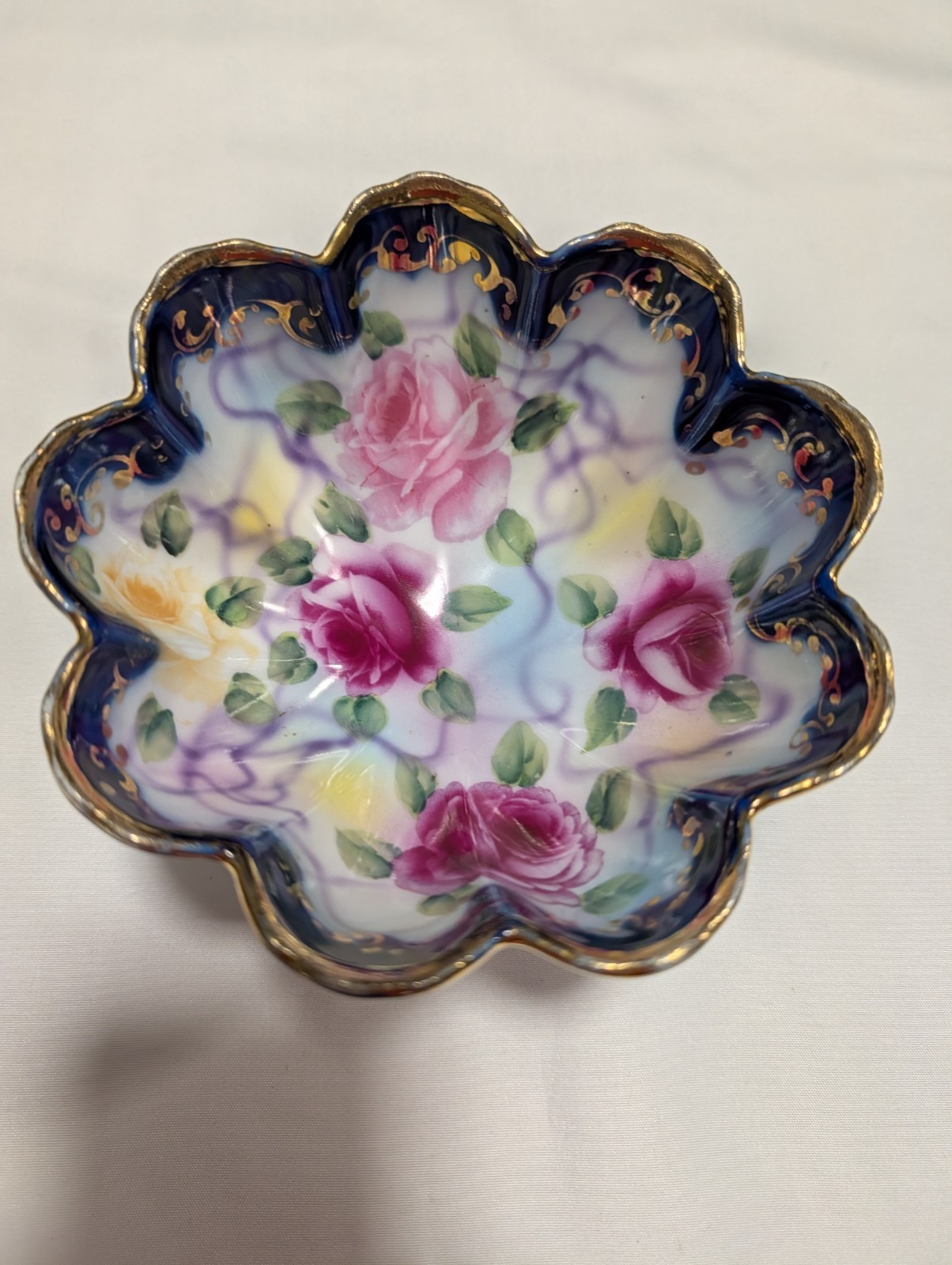 Vintage Nippon Japan Footed bowl cobalt roses gold,  hand-painted porcelain