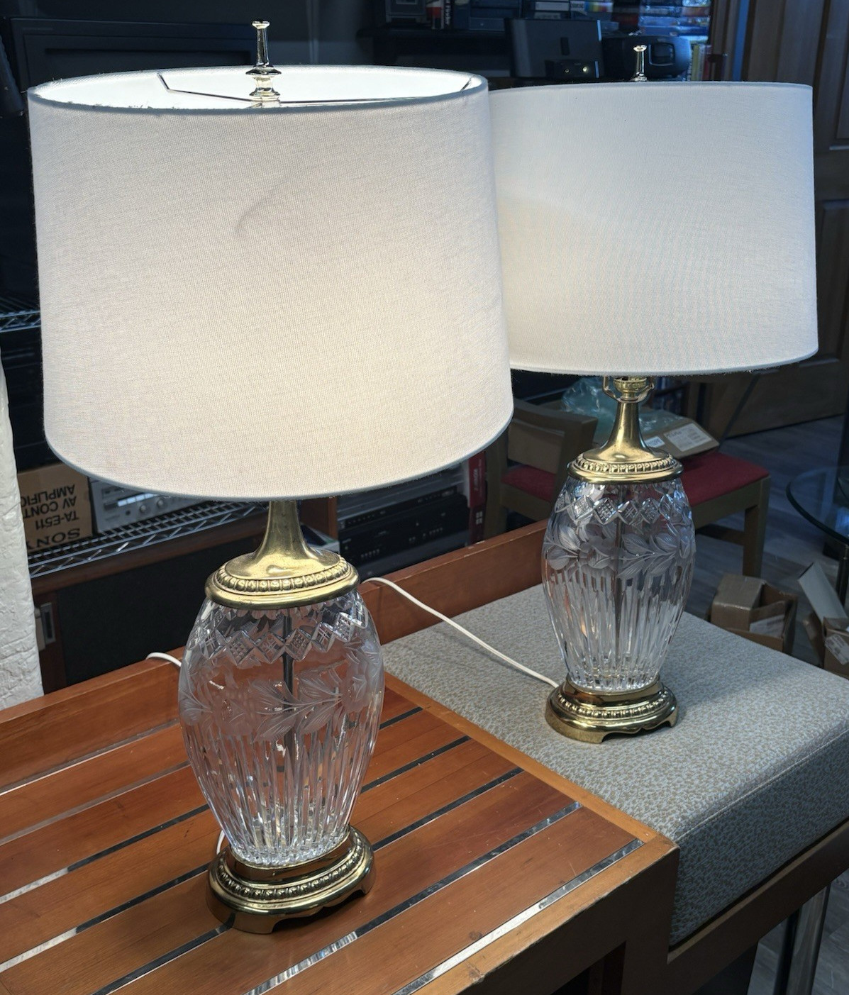 PAIR Vintage Cut Crystal Table Lamps - Brass Floral Hollywood Regency w/Shades