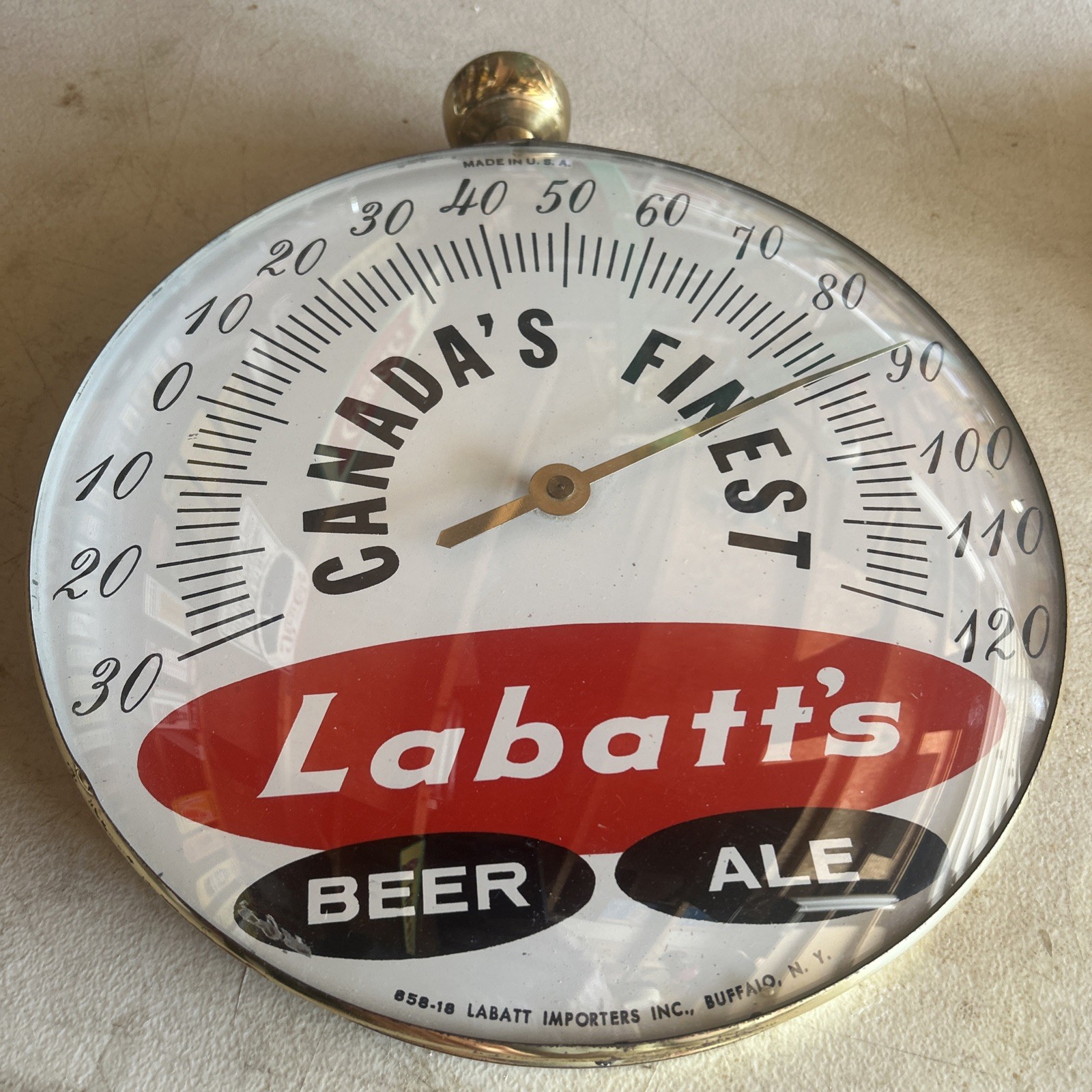 Vintage Labatt’s Beer Thermometer 12 Inch Glass Faced