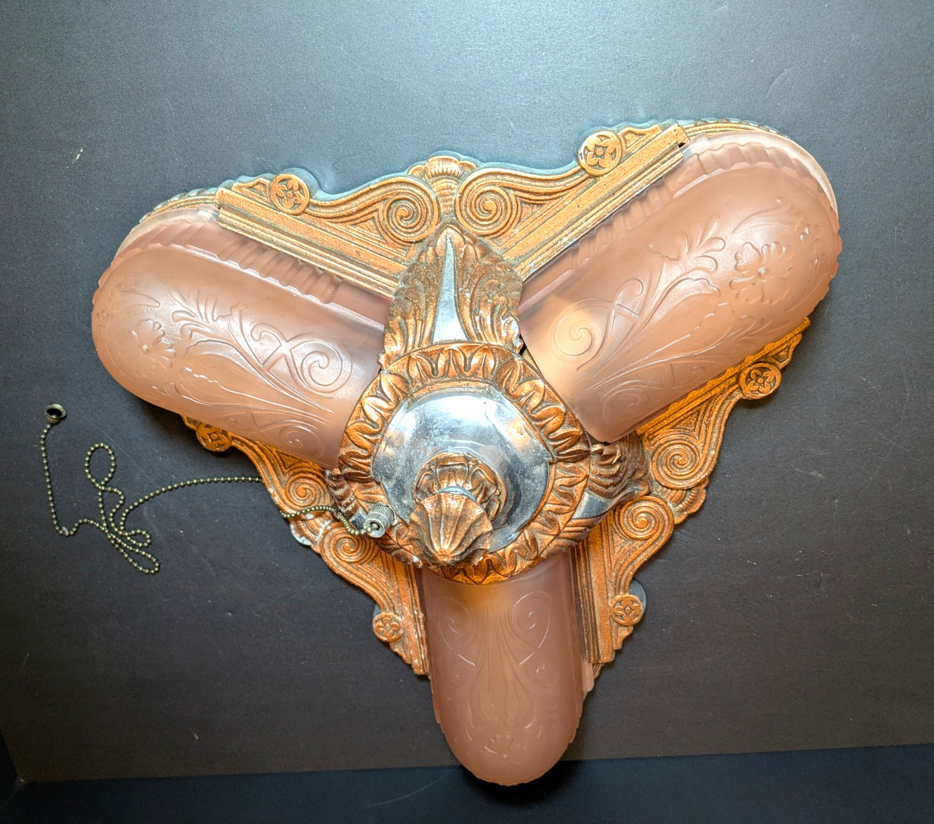 3-Light Art Deco Ceiling Light, Pink Glass Shades, Pull Chain, Hardwired 3-Light Art Deco Ceiling Light, Pink Glass Shades, Pull Chain, Hardwired