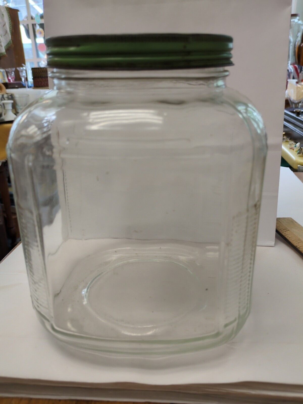 Vintage Kitchen Hoosier Cabinet Art Deco Ribbed Glass Canister Jar Green Lid