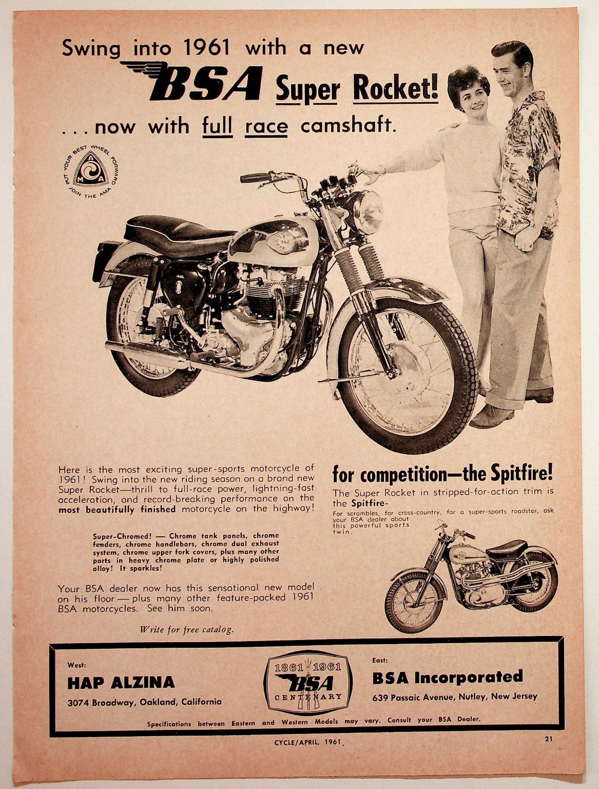 1961 BSA Super Rocket Motorcycle Ad Hap Alzina Oakland CA Vintage Ephemera