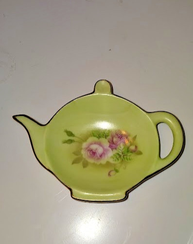 Vintage Lefton China Green Heritage Tea Bag Holder Caddy - Model 12368 - MINT