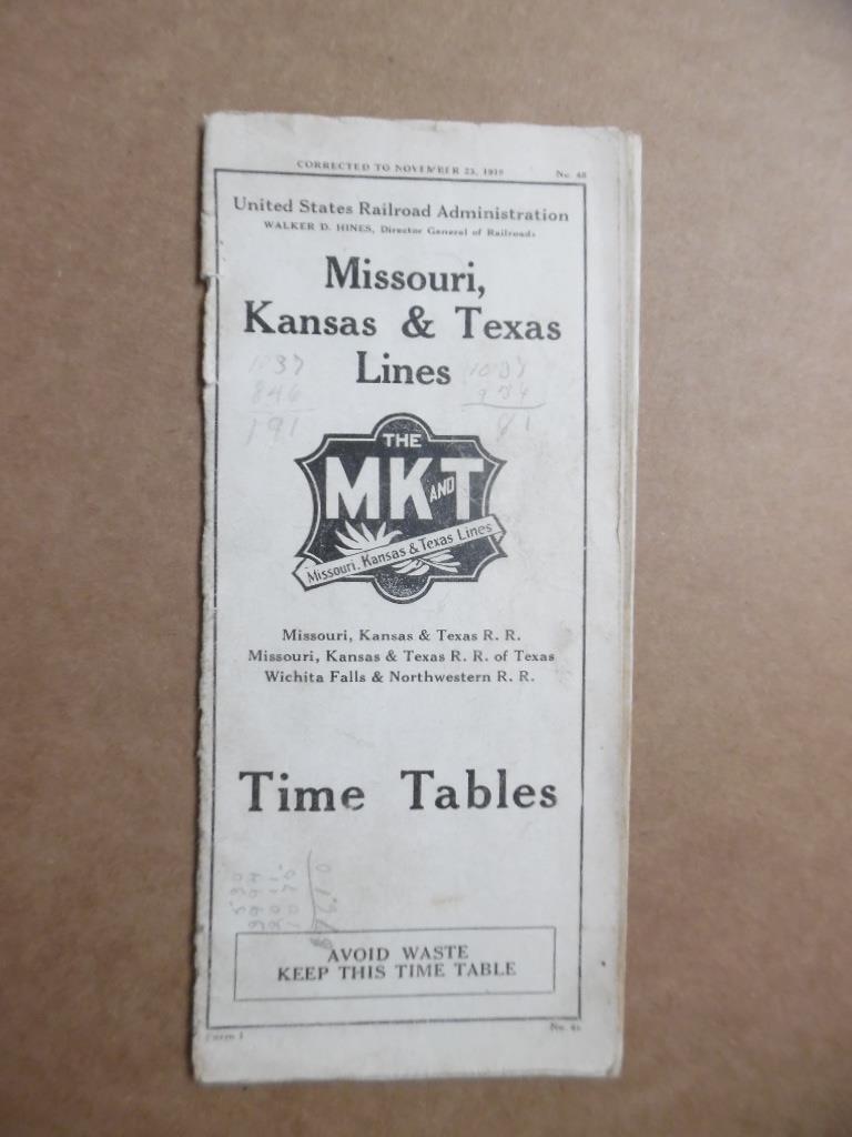 1919 Missouri Kansas & Texas Railway Timetable United States Railroad Admin USRA