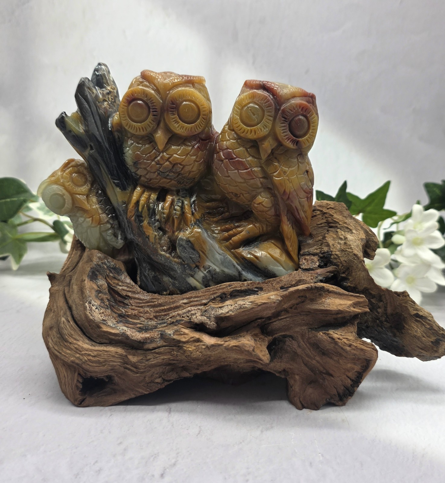 Large Caribbean Calcite Owl Family Carving, Woodland Owl Crystal Decor