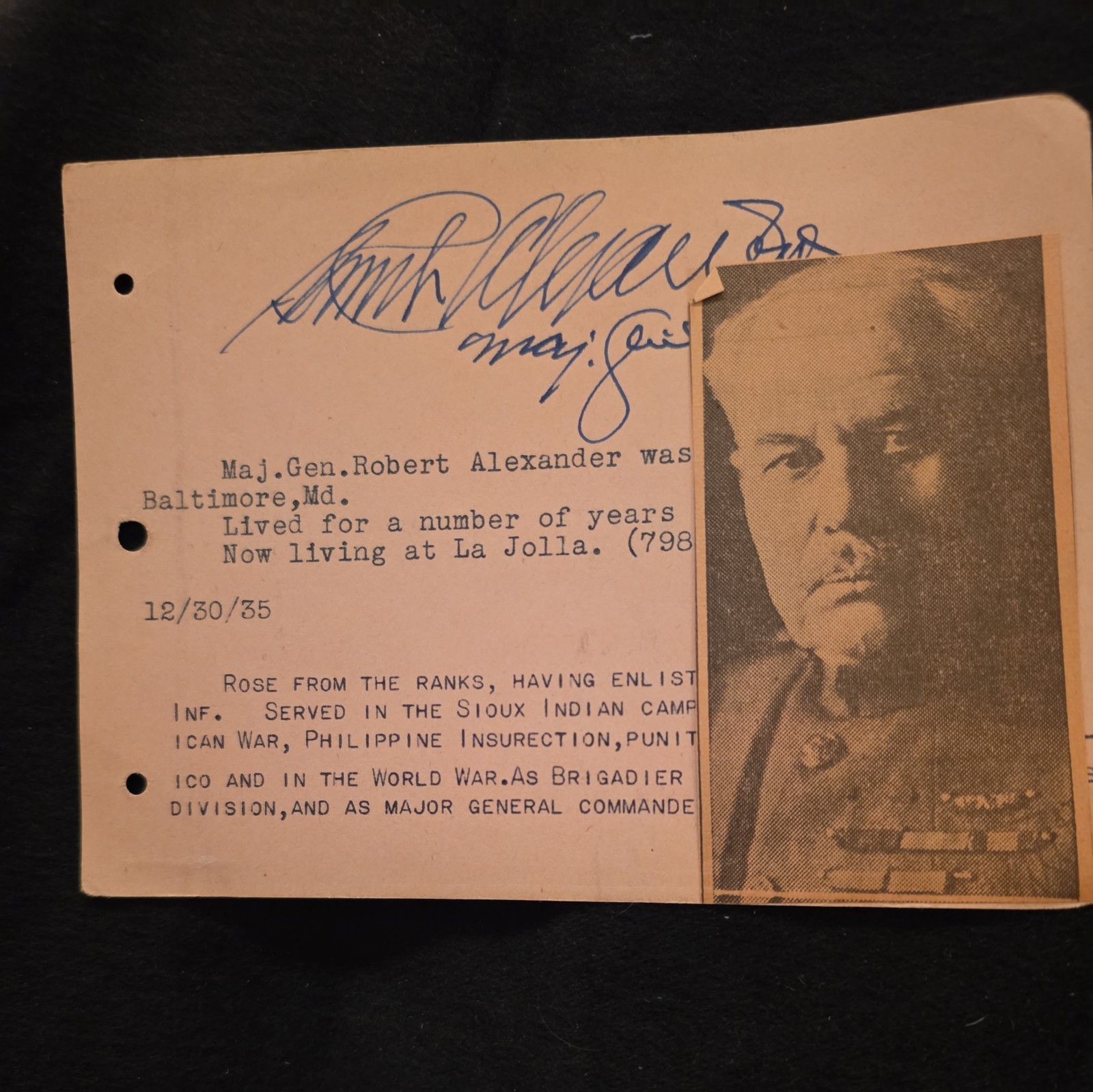 AUTOGRAPH -- Major General Robert Alexander AUTOGRAPH -- Major General Robert Alexander