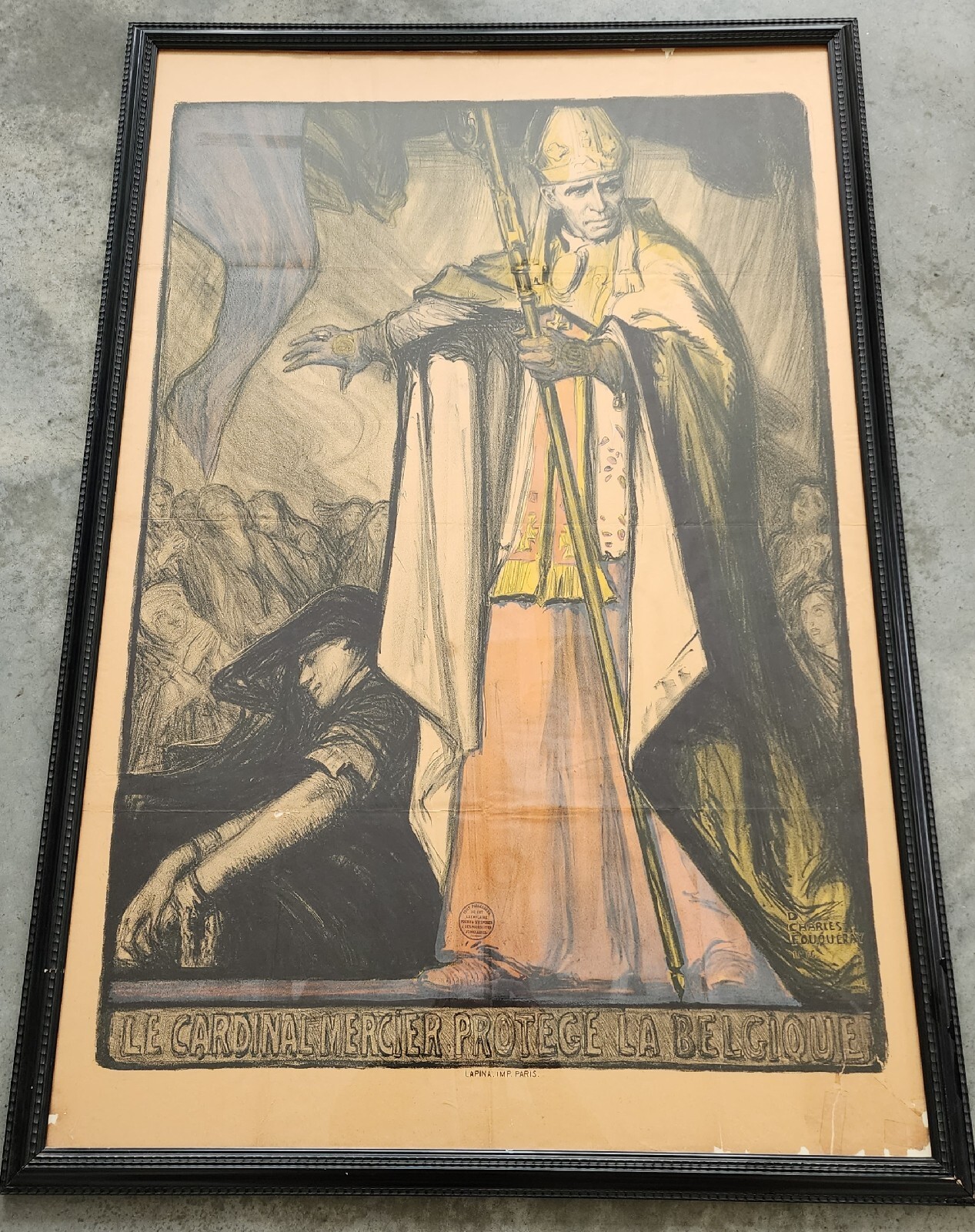 Large Rare Charles FOUQUERAY WORLD WAR I POSTER lithograph Cardinal Mercier 