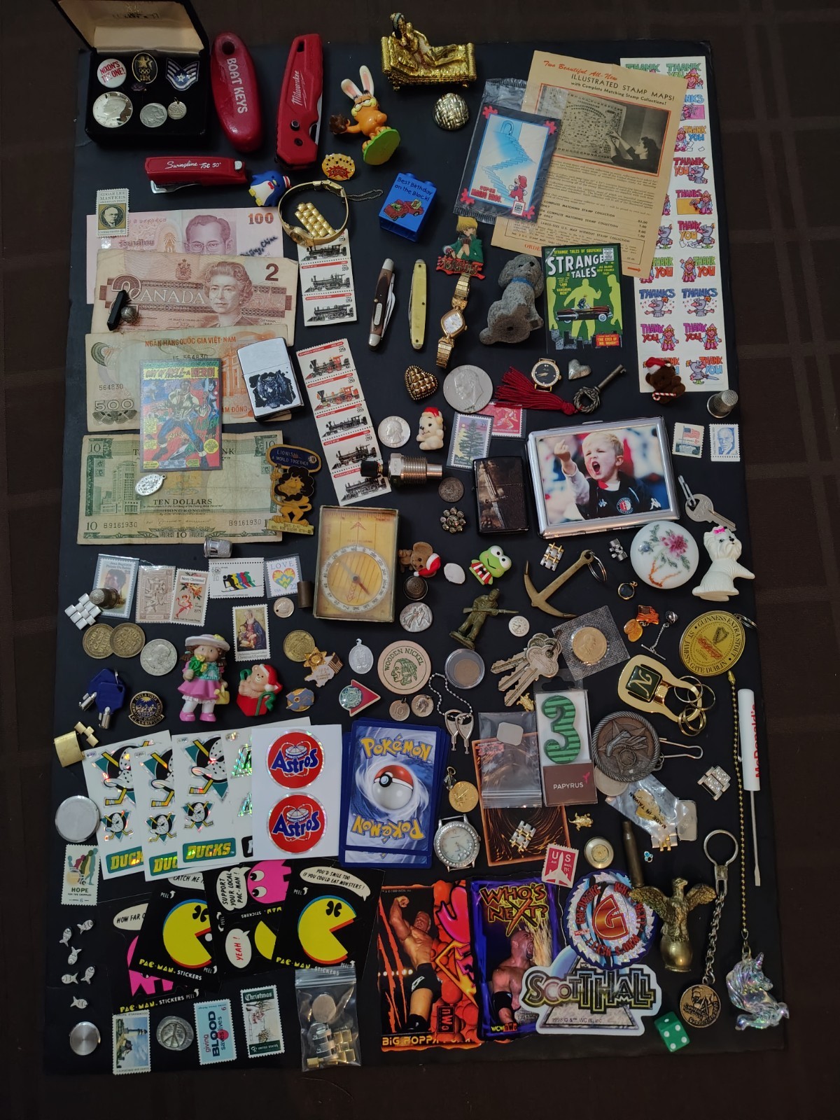 Vintage Junk Drawer Lot Mixed Money, Knives, Cards, Etc 