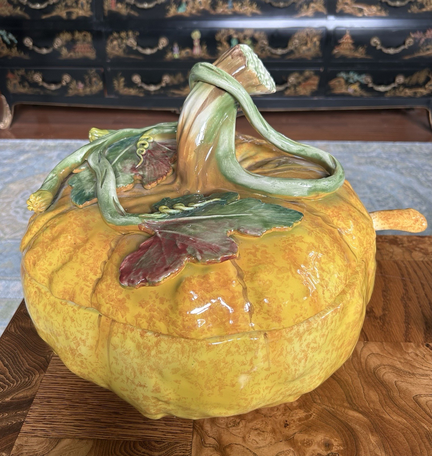 Exquisite Large Italian Majolica Pumpkin Soup Tureen- 45.5”circumference w/Ladle