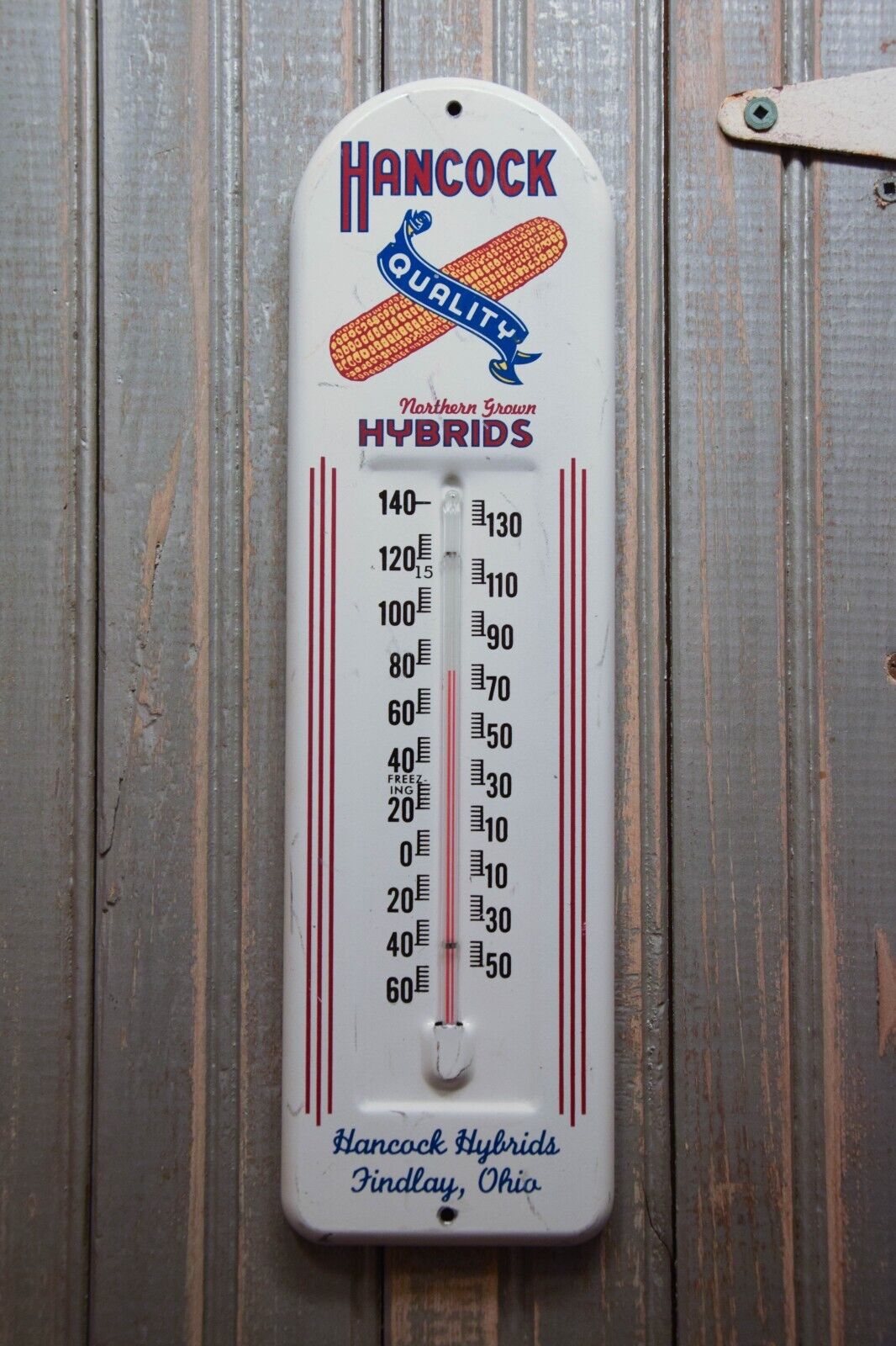 RARE 1950s HANCOCK HYBRIDS EMBOSSED METAL THERMOMETER SIGN SEED FEED FARM STORE