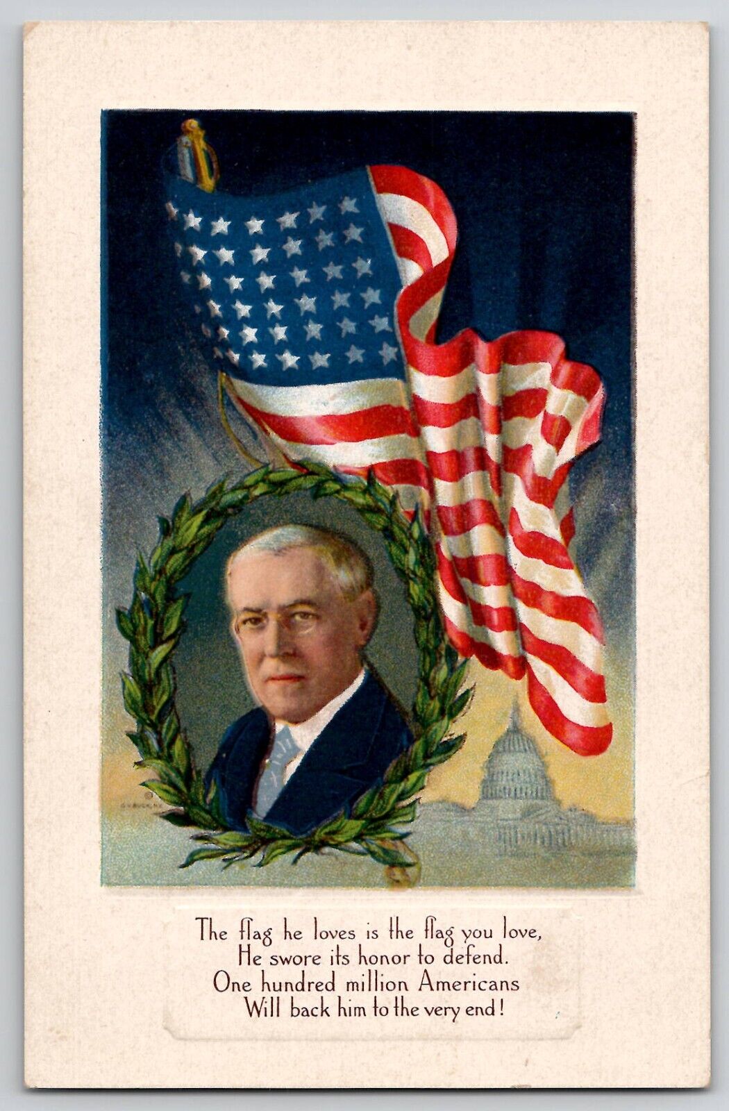 President Woodrow Wilson American Flag Political Postcard Honor Defend c1917-18