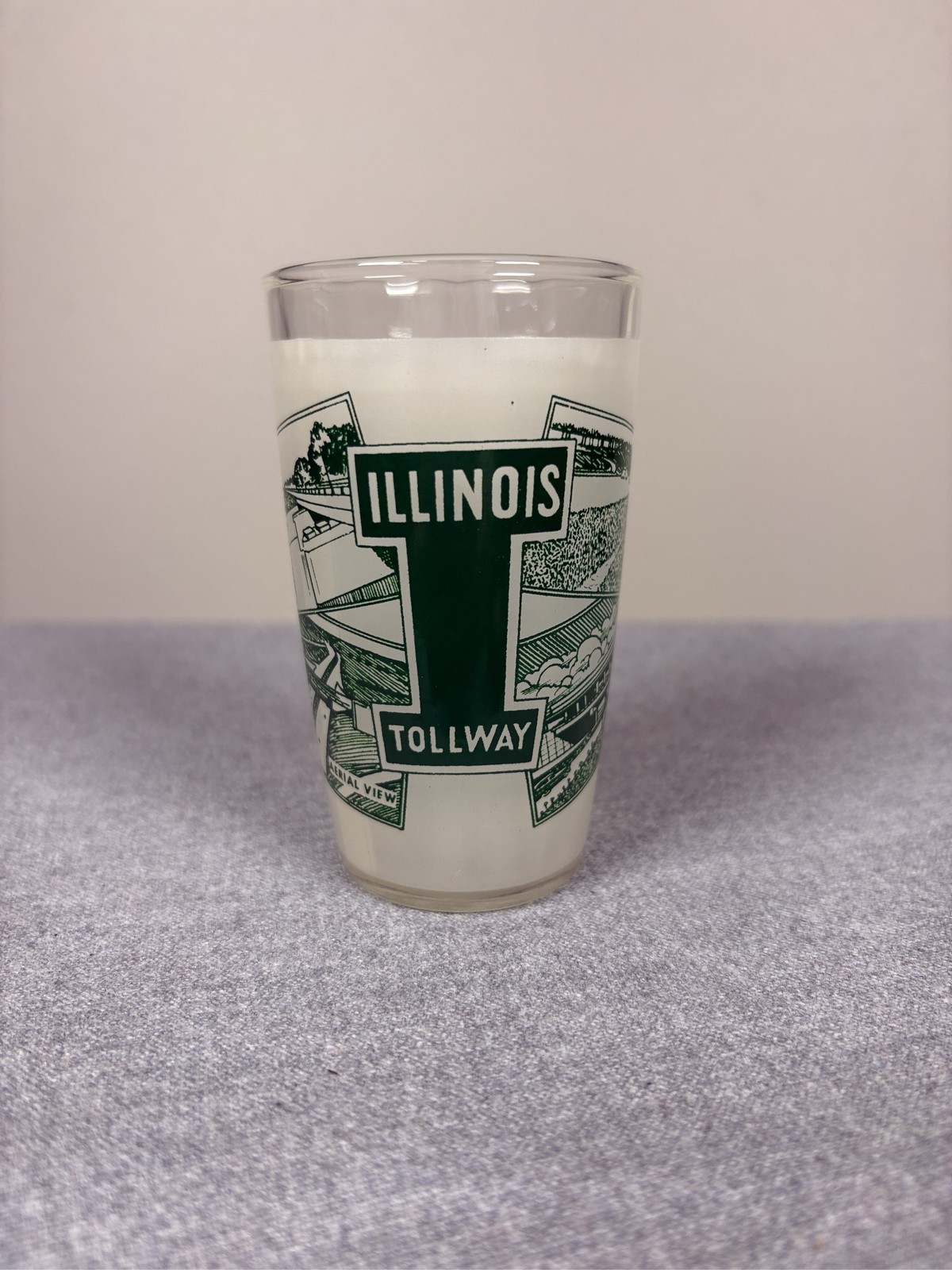 Vintage Illinois Tollway Souvenir Frosted Glass Tumbler Aerial View Travel