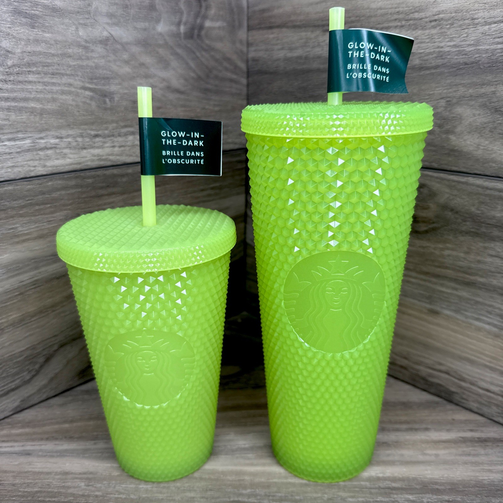 Starbucks 2022 Glow-in-the-Dark Lime Green Studded Tumblers 24 & 16 oz SET NWT