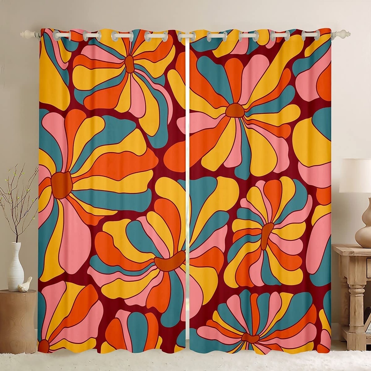 Vintage Boho Plant Floral Curtains for Living Room 60S 70S Groovy Rainbow Bla...