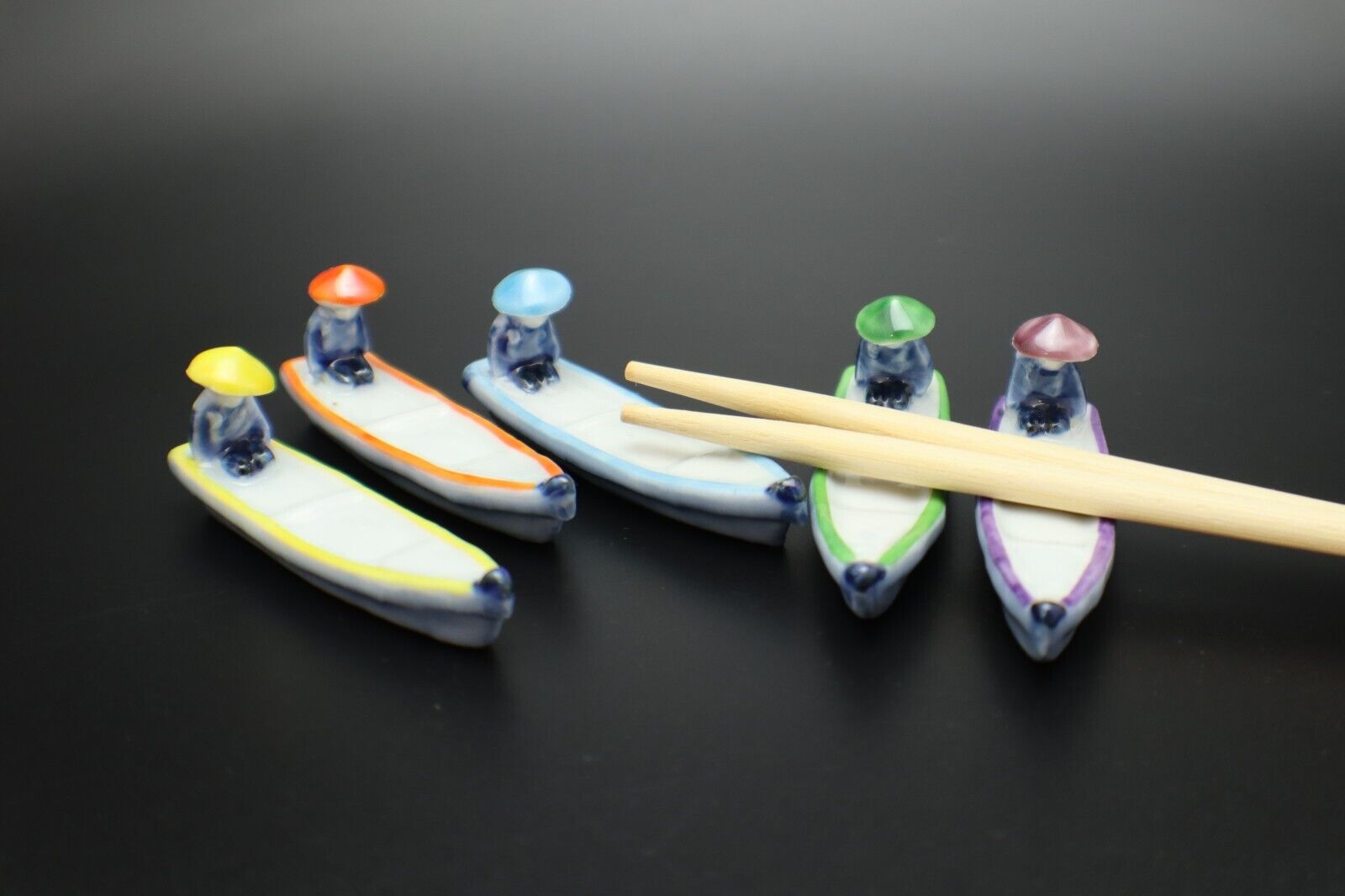 CHOP STICK RESTS Set of 5 Boat with Man in Hat Porcelain Different Colors