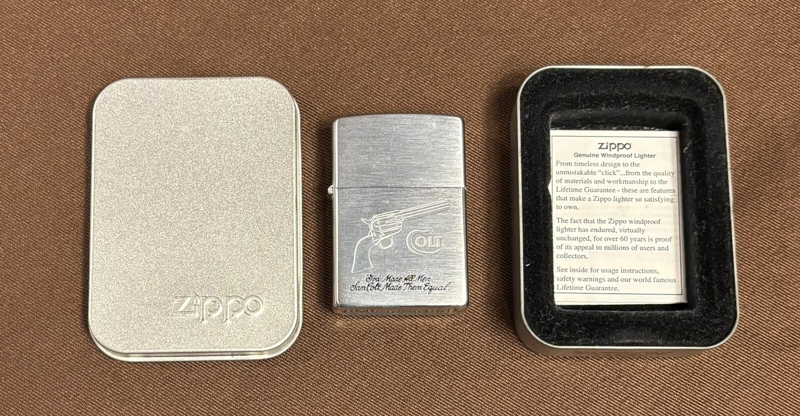 Sam Colt Slogan Zippo Lighter Colt Firearms M1873 Peacemaker • Unfired • Org Tin