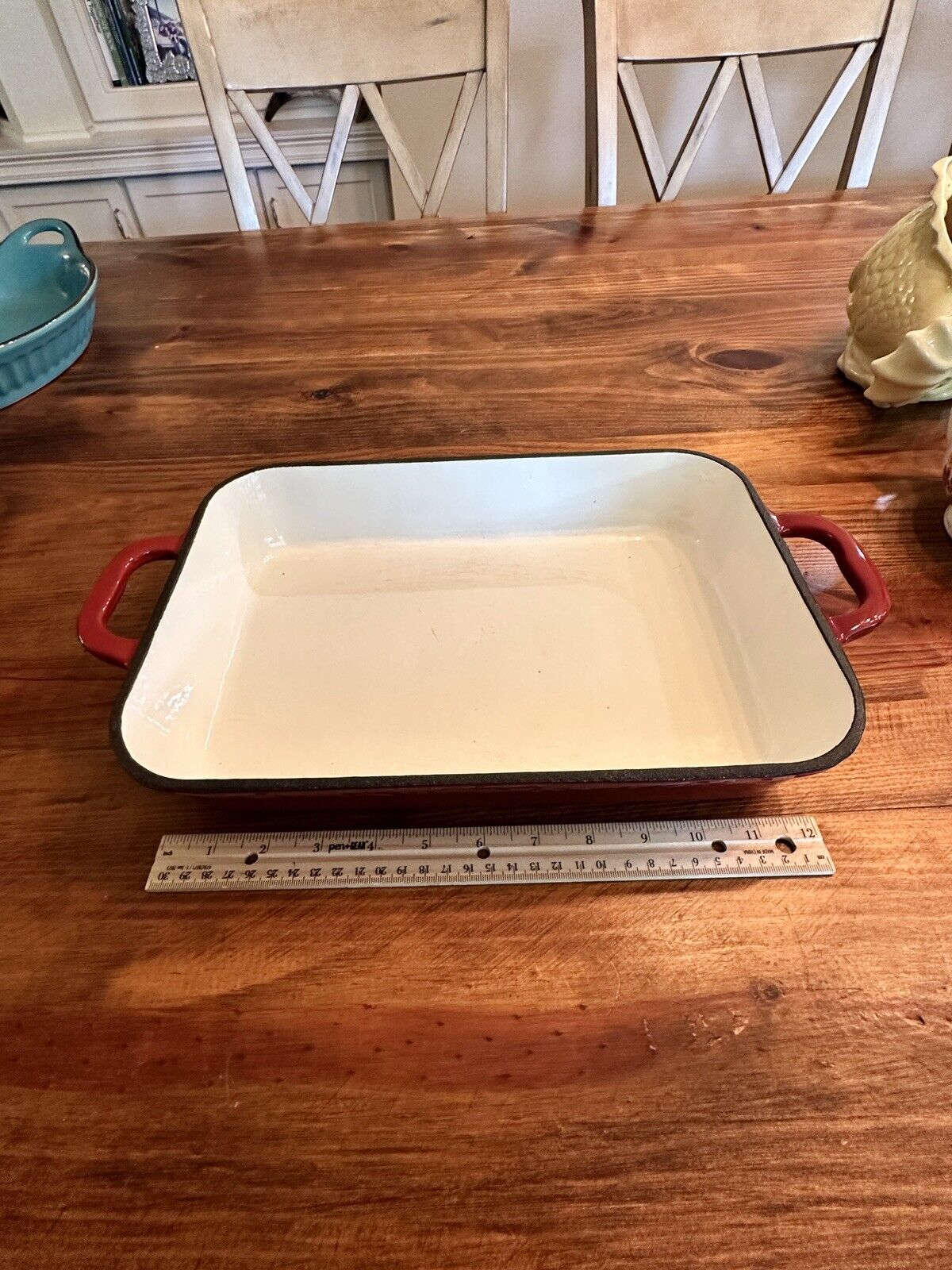 Field Chef Red Baker Cast Iron White Enameled Casserole Pan Lasagna 9x13