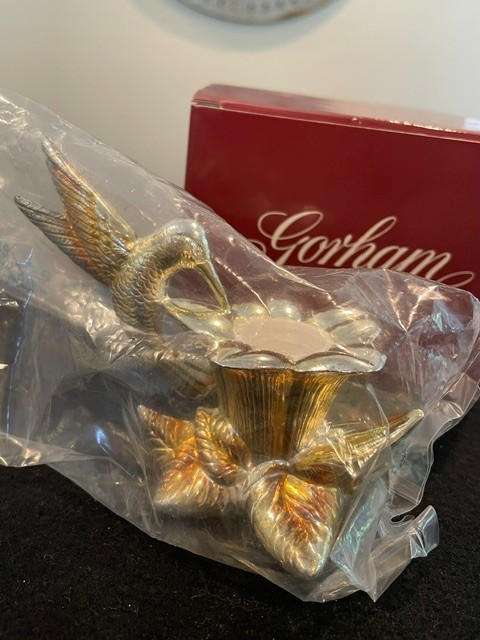 2 Gorham Heritage Silverplate Hummingbird Trumpet Flower Candle Holder NIB Italy