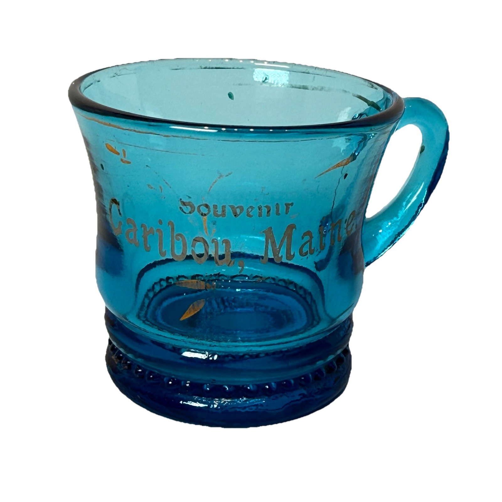 CARIBOU MAINE ME Antique Depression BLUE GOLD Glass Souvenir TRINKET MUG CUP CARIBOU MAINE ME Antique Depression BLUE GOLD Glass Souvenir TRINKET MUG CUP