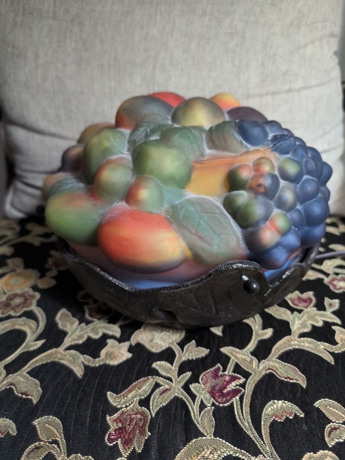 Vintage Glass & Metal Lamp Puffy Fruit Bowl With Heavy Metal Base