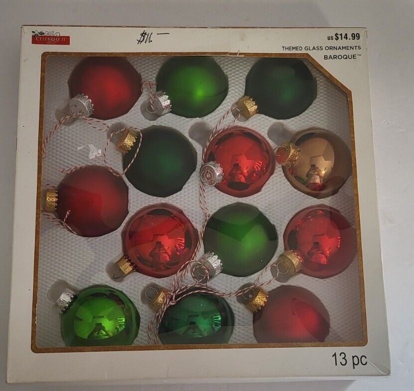 Celebrate It Glass Ball Christmas Ornaments Red/Green/Gold Satin Set Of 13