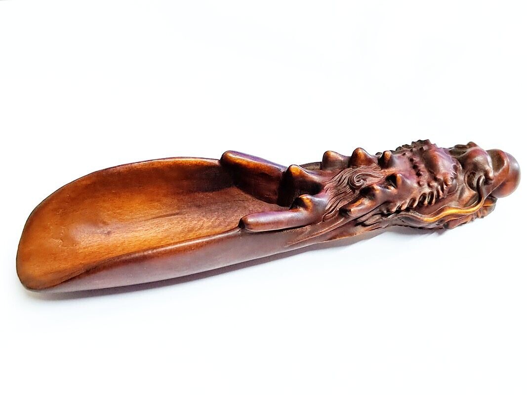 YW027 - 16 CM Long Carved Boxwood Carving Dragon Tea Scoop Coffee Spoon