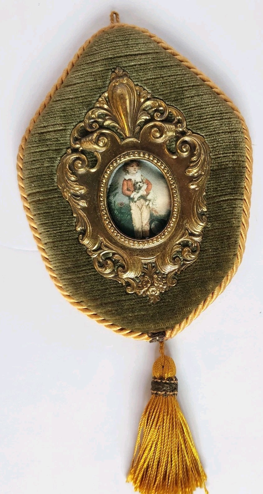 Vintage MCM Italian Wall Decor Olive Velvet Frame w Tassel