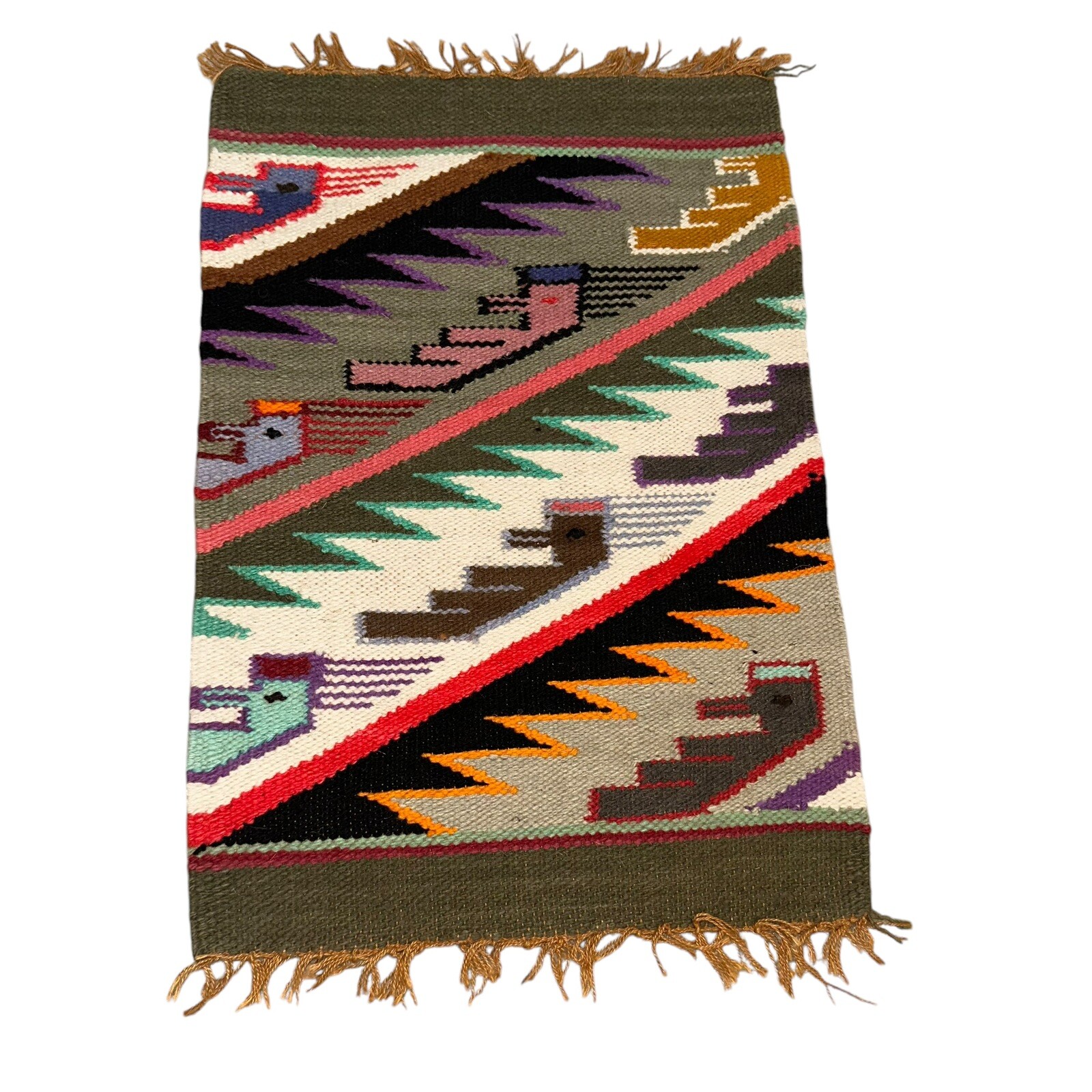 Vintage Peruvian Or Ecuadorian Table Runner Bird Motif Hand Woven Wool 11 X 16