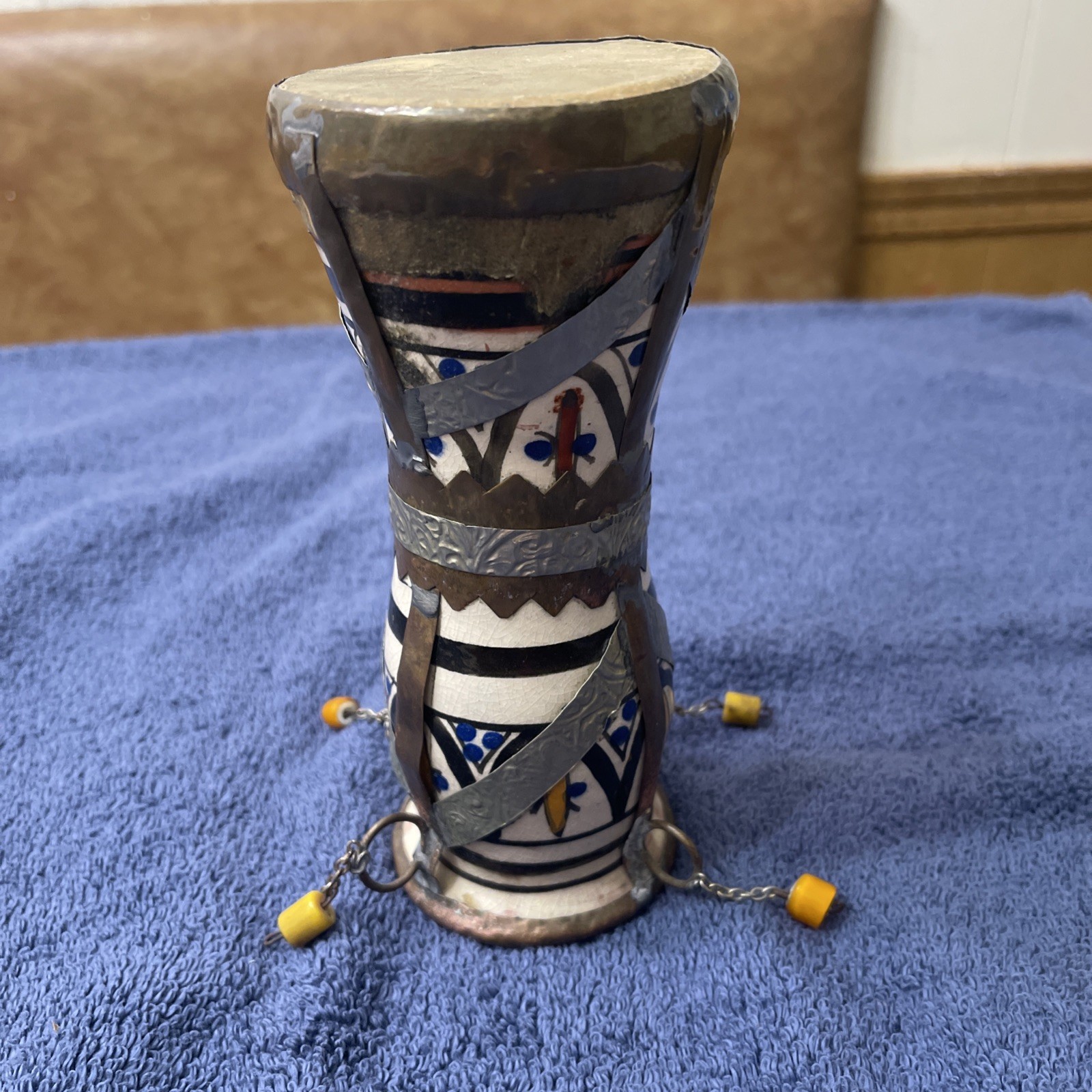 vintage Handmade rawhide hand painted clay pottery & brass Darbuka drum