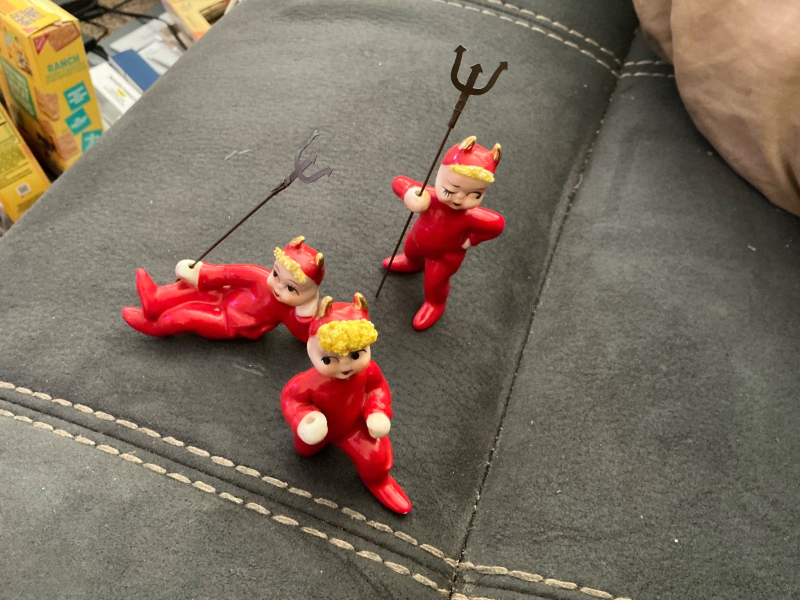 Vintage Lefton Gold Horned Red Devil Figurines Japan Pitchfork Great Condition
