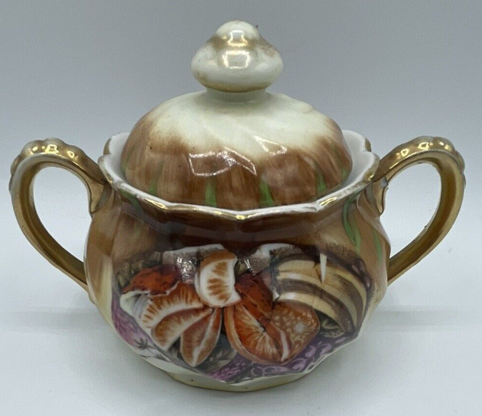 Vintage Nippon Sugar Bowl With Lid Harvest Fruit Design Ceramic Gold