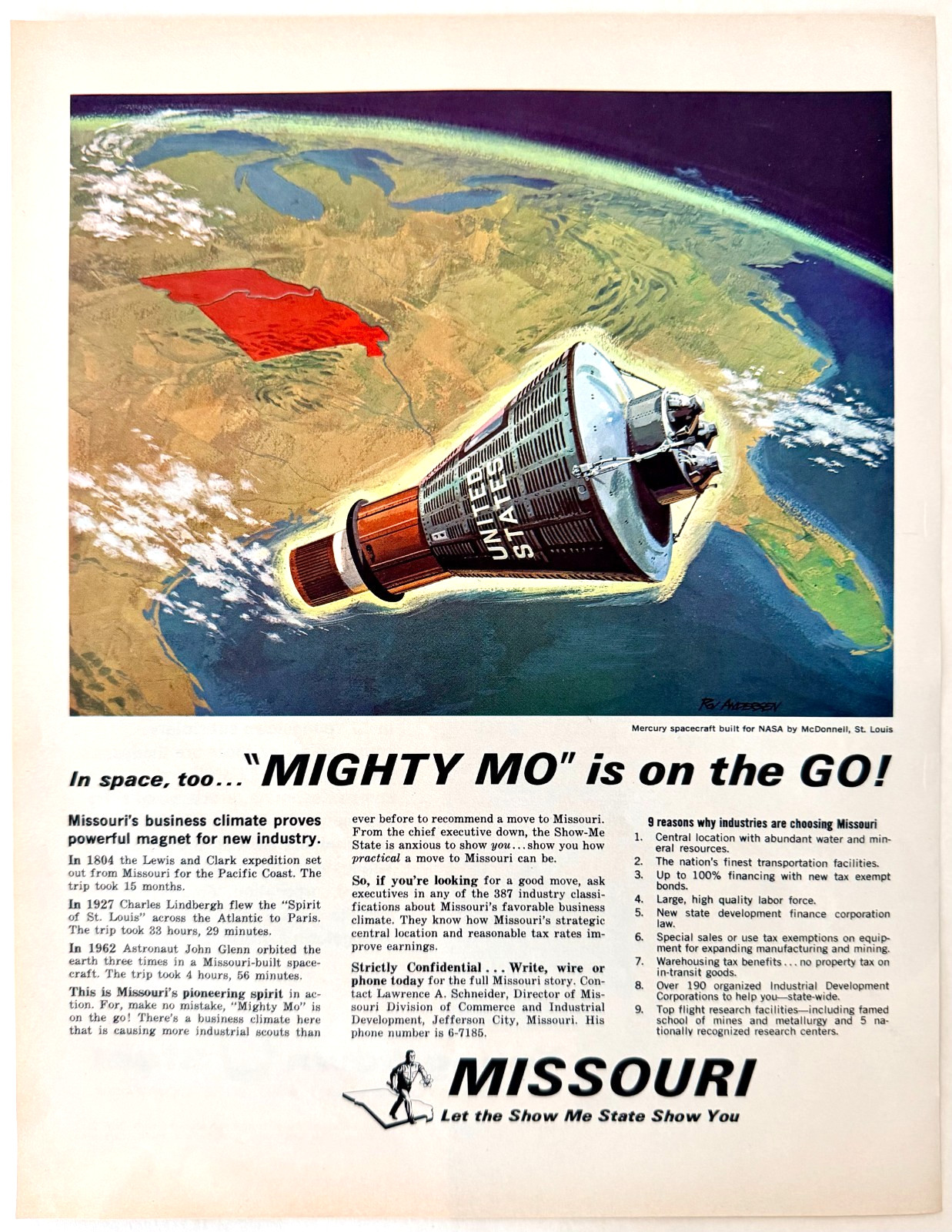 1962 Missouri Tourism Advertisement NASA Mercury Spacecraft McDonnell St Louis