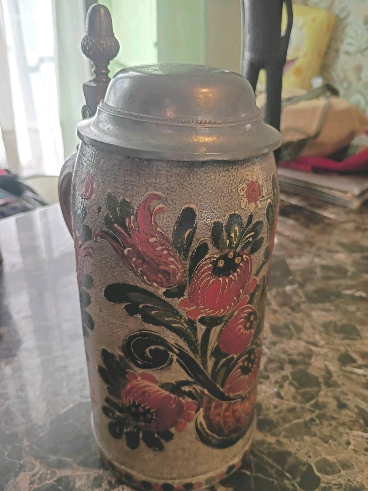 Vintage German 1L Handmade Beer Stein Hand Painted Engraved Lid Val 14 Rare