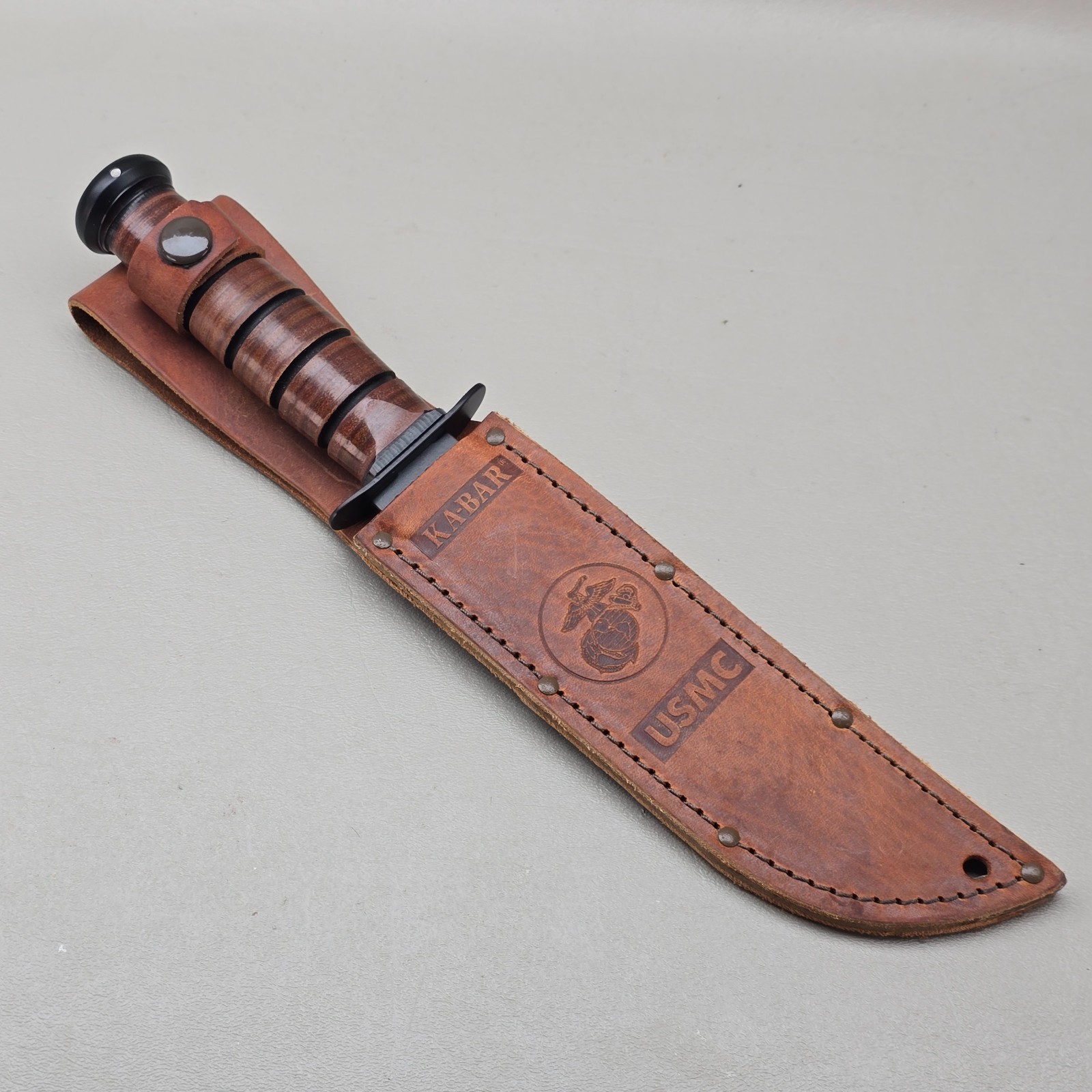 Ka Bar USMC Fighting Knife Fixed Blade Combat Stacked Leather Handle Sheath